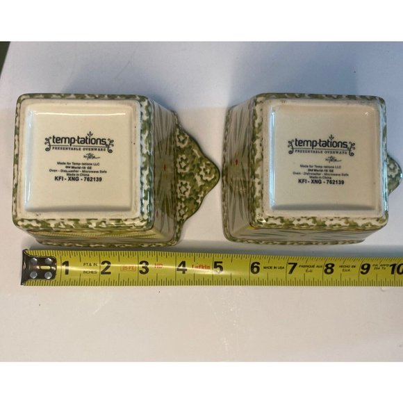 Set 2 Temptations Tara Old World Green 10 oz Square Ceramic Ramekins Lid Covered - Picture 5 of 6